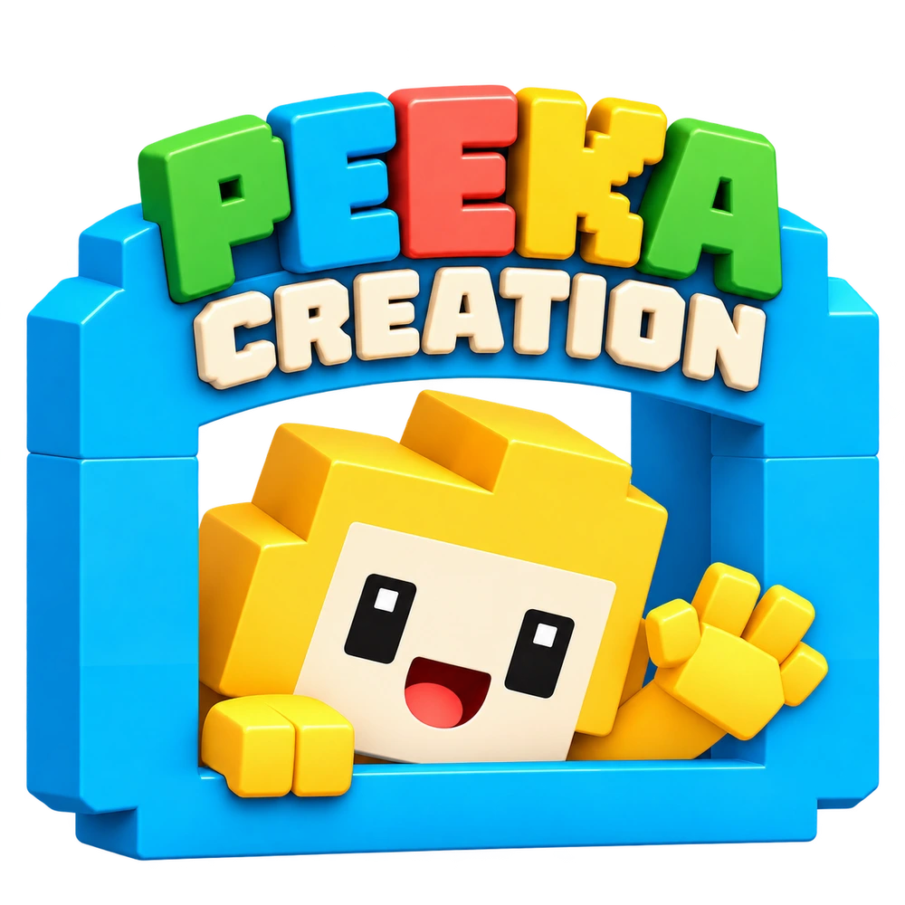 Peeka Creation. A happy yellow voxel character waves through a bright blue window.