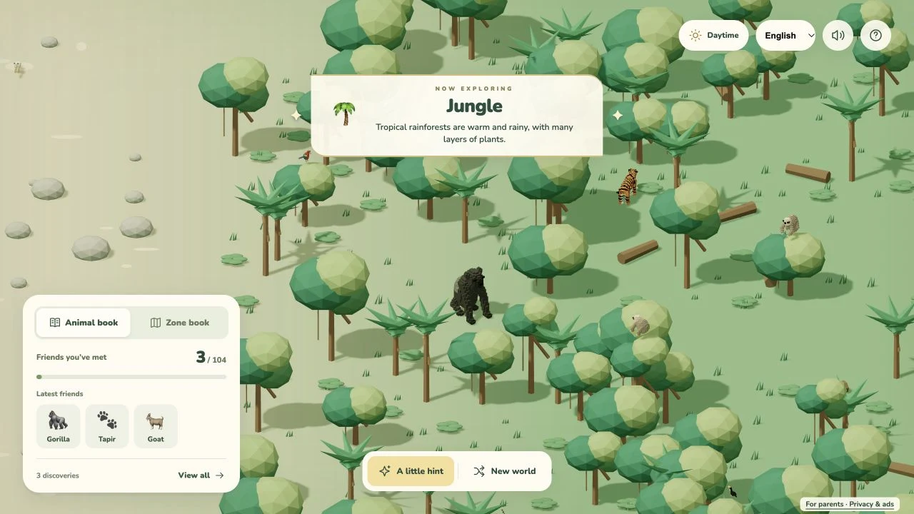 Peekawild gameplay: voxel animals among the trees in the Jungle habitat, with an animal book and exploration controls.