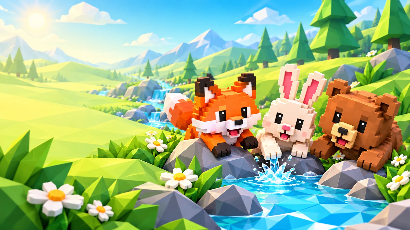 Friendly voxel animals in a colourful low-poly Peekawild landscape.